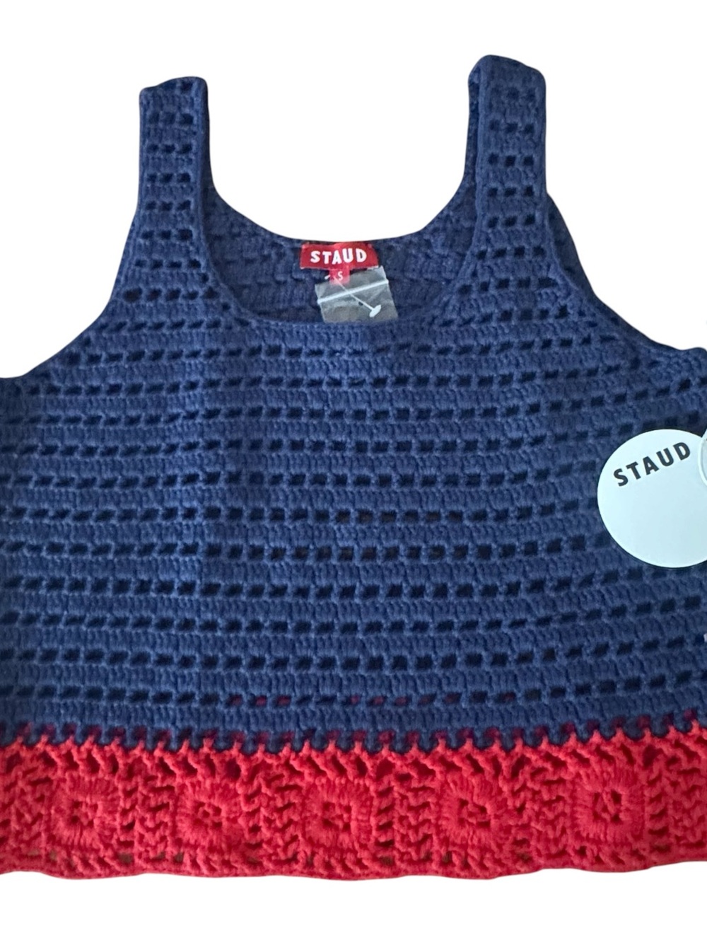STAUD Guppie Top Navy Crochet Tank with Red Scalloped Hem